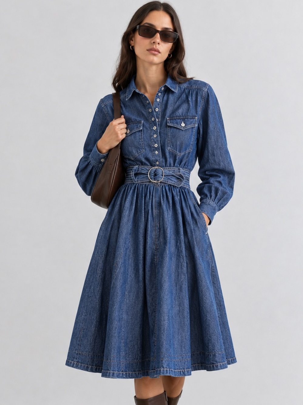 Vintage 90s Rabbit JR Denim Dress Women size 8P Blue Long Sleeve Jean Skirt
